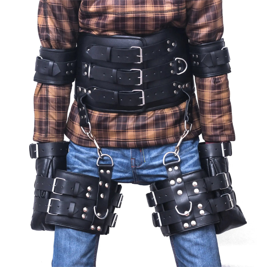 bdsm leather restraints, black leather bondage waist restraints belt, leather bondage restraints, bondage belt, black leather, restraints belt