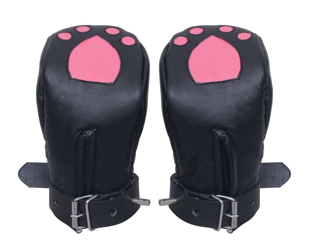 locking leather bondage mitts, BDSM pup play gloves, padded leather restraint mittens, full hand bondage mitts, leather BDSM mittens for submissives, pup training hand restraints, bondage gloves with buckle straps, heavy-duty leather kink mitts