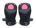 locking leather bondage mitts, BDSM pup play gloves, padded leather restraint mittens, full hand bondage mitts, leather BDSM mittens for submissives, pup training hand restraints, bondage gloves with buckle straps, heavy-duty leather kink mitts