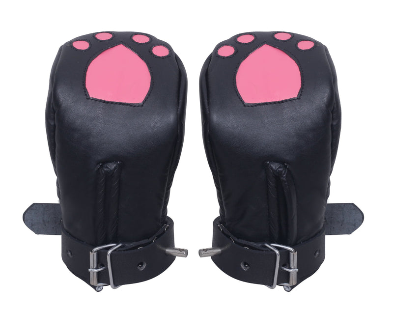 locking leather bondage mitts, BDSM pup play gloves, padded leather restraint mittens, full hand bondage mitts, leather BDSM mittens for submissives, pup training hand restraints, bondage gloves with buckle straps, heavy-duty leather kink mitts