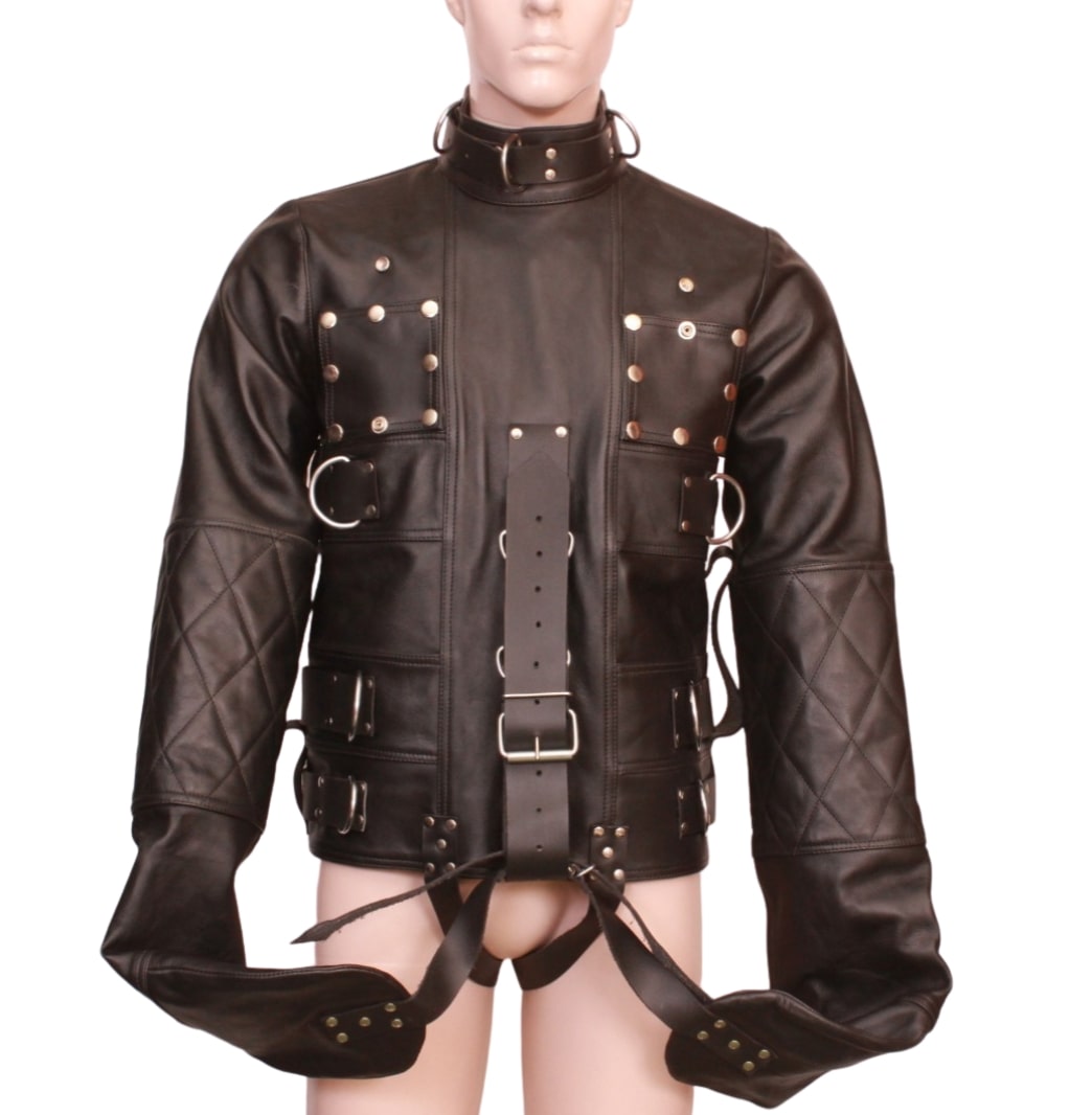 Leather BDSM straitjacket with chastity front
