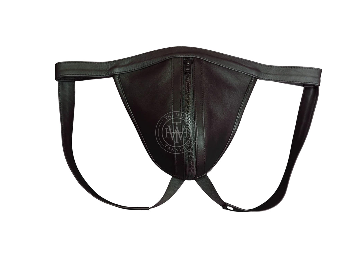 genuine leather jockstrap men with zip, black leather jockstrap with center zipper and slim thigh straps, flat front view