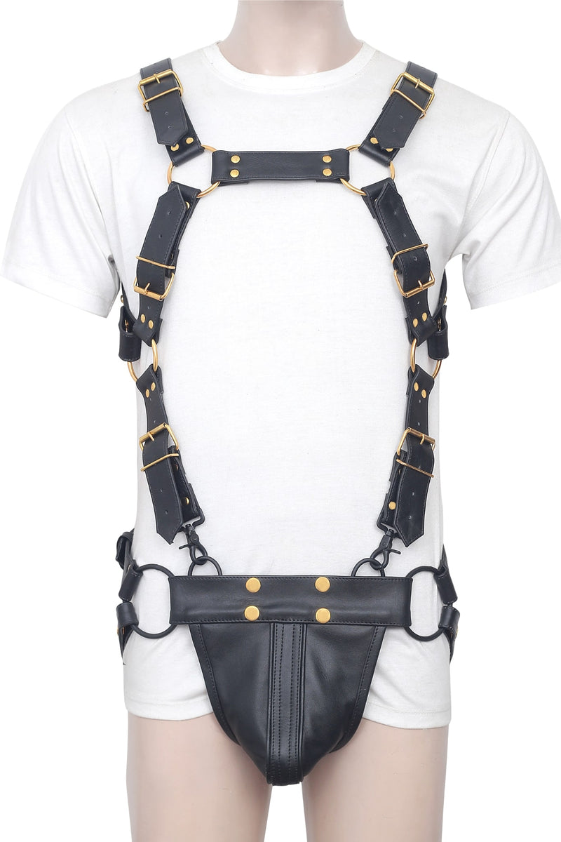 bulldog style leather bondage harness with jockstrap set, men’s leather harness and jockstrap set, black leather bulldog bondage harness set, gay leather harness with jockstrap, bdsm leather harness and jockstrap combo