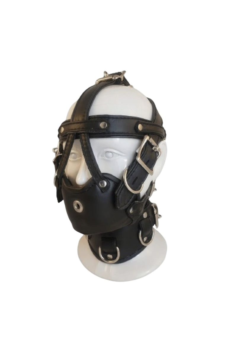 leather bondage hood, black leather bdsm hood, full head leather bondage mask, fetish leather hood with straps