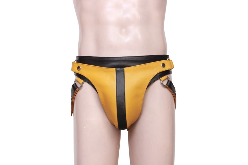 Genuine Black & Yellow Leather Gay Jockstrap, leather gay jockstrap, jockstrap for men, black and yellow jockstrap