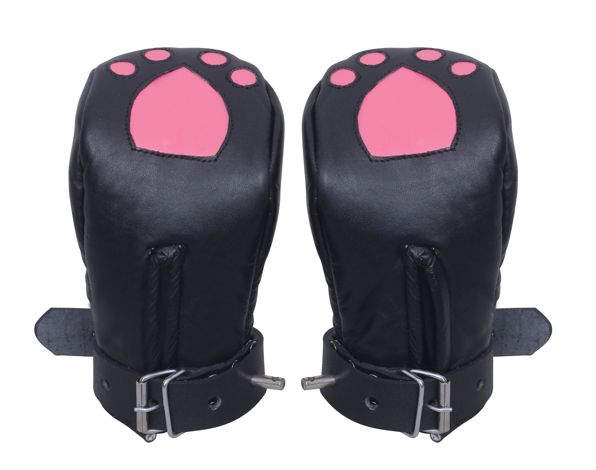 locking leather bondage mitts, BDSM pup play gloves, padded leather restraint mittens, full hand bondage mitts, leather BDSM mittens for submissives, pup training hand restraints, bondage gloves with buckle straps, heavy-duty leather kink mitts