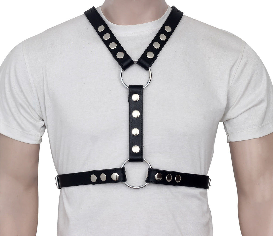 mens leather chest harness with dual o rings