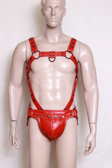 Leather bulldog harness with jockstrap and cock ring