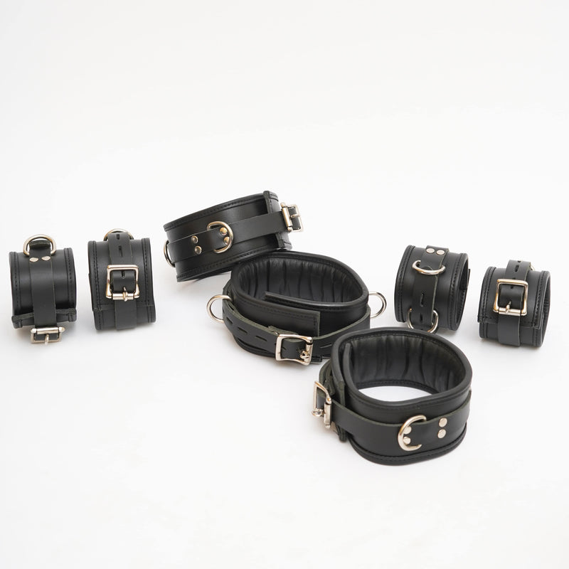 Handmade 7 Pcs Set Leather Bondage Cuffs, leather handmade cuffs, 7 Pcs set leather cuffs, bdsm cuffs, leather cuffs, bondage leather cuffs