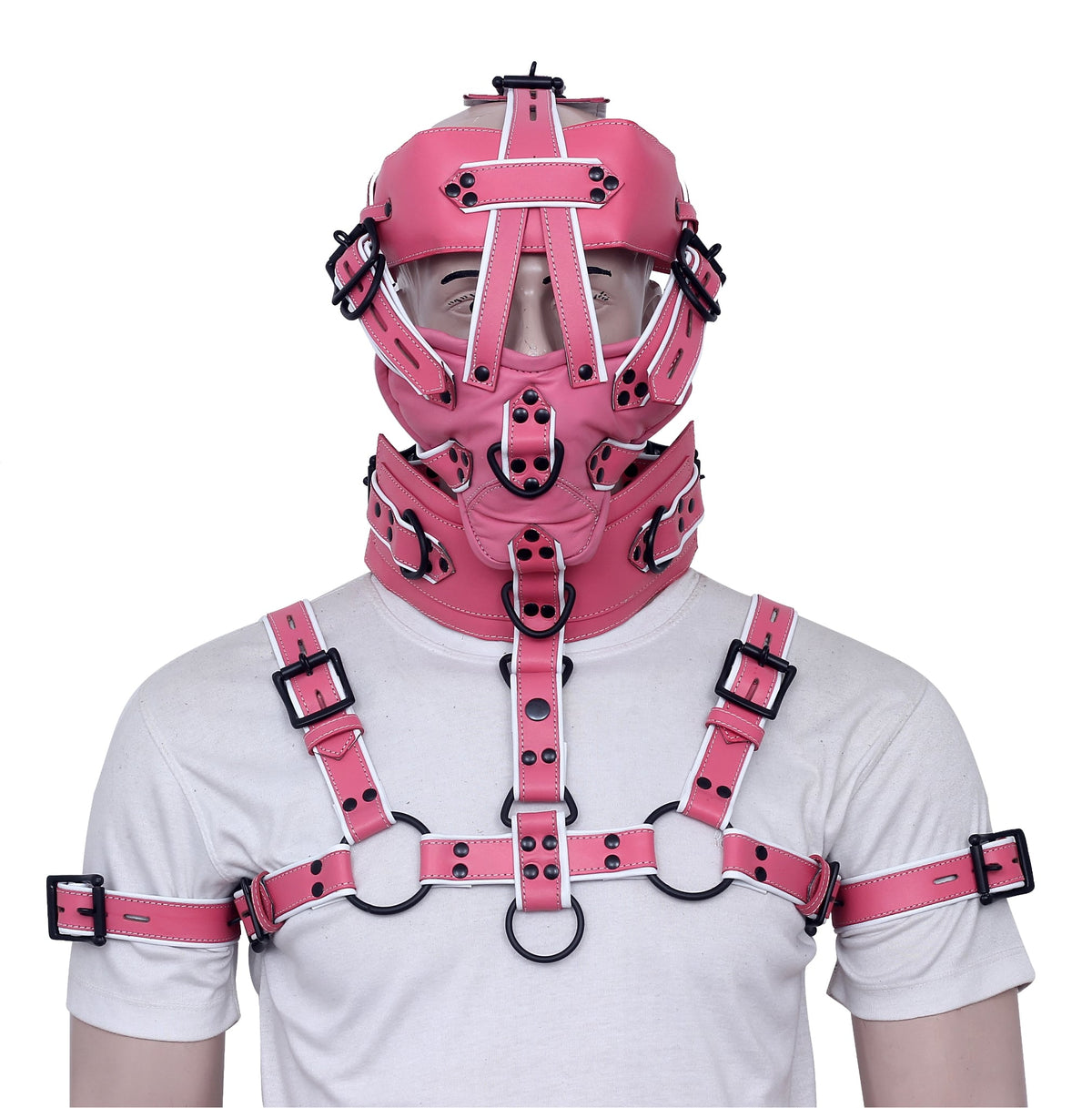 Leather bondage muzzle gag with chest harness and biceps cuffs