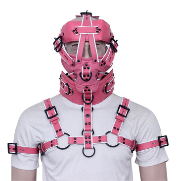 Leather bondage muzzle gag with chest harness and biceps cuffs