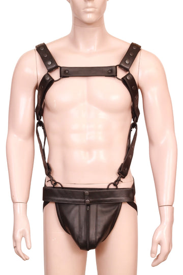 leather full body mens bondage harness and jockstrap, dark brown leather mens bondage harness with snap straps, o-rings and zippered jockstrap