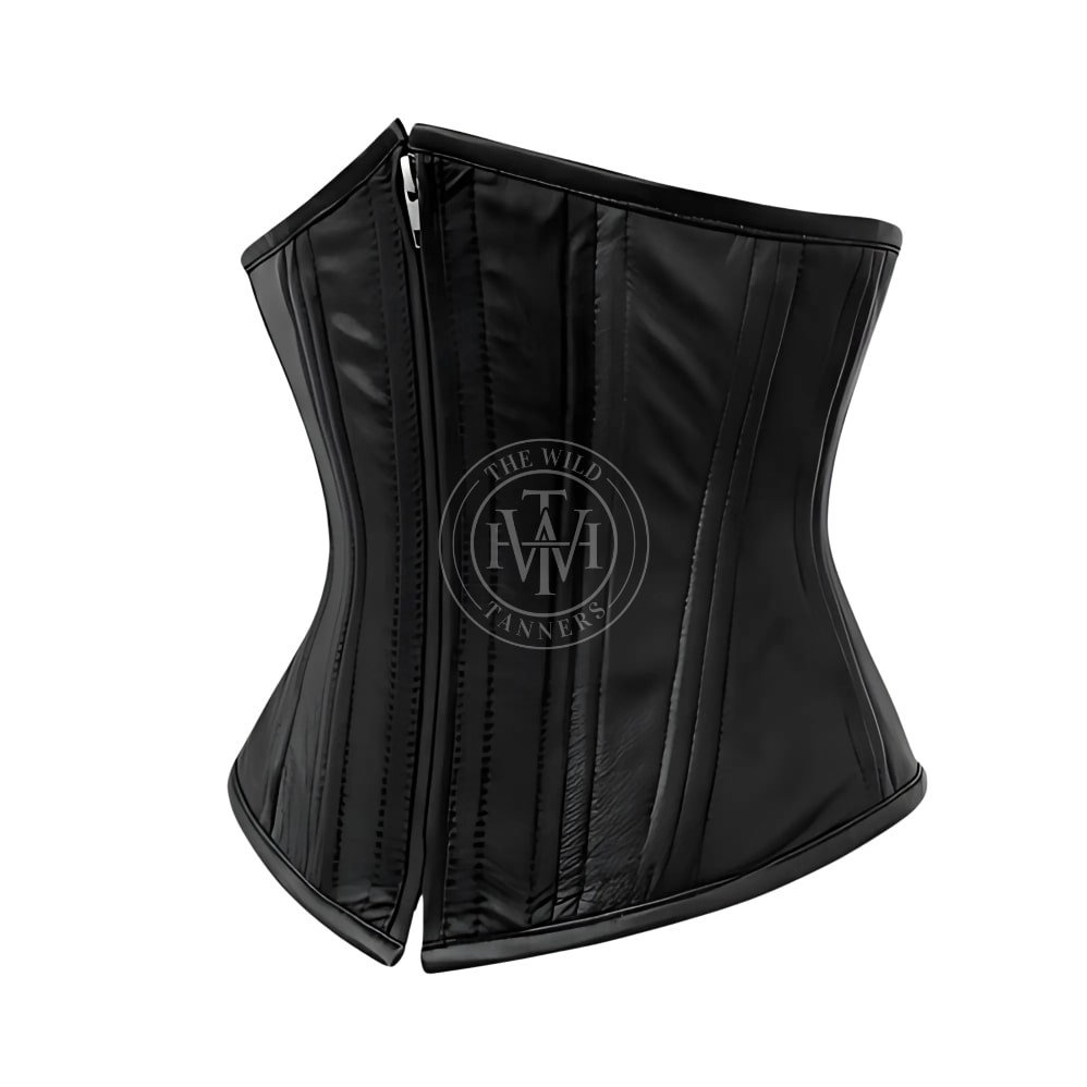 Women's black leather underbust corset, view 2