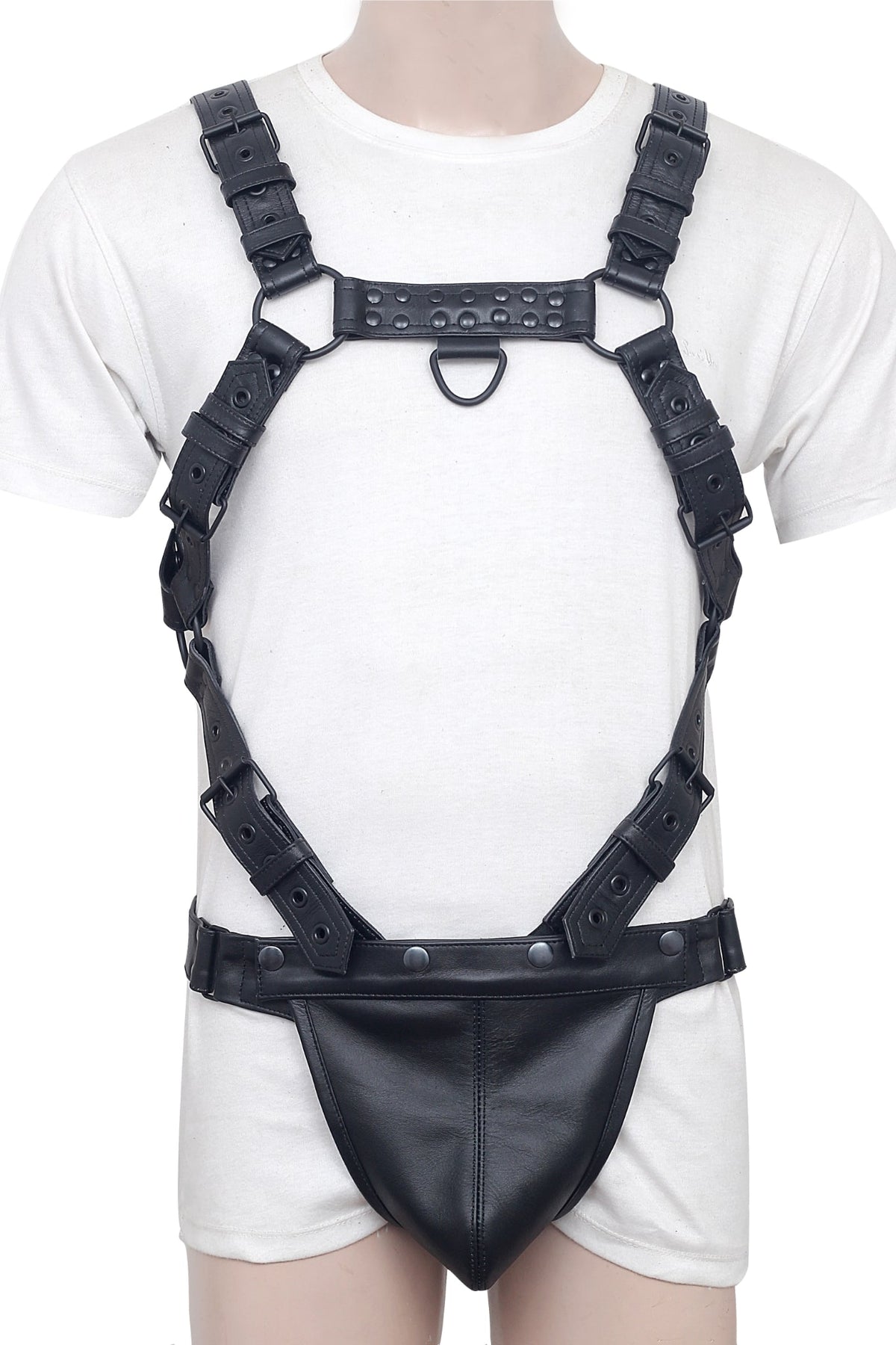 Leather bondage harness and jockstrap set