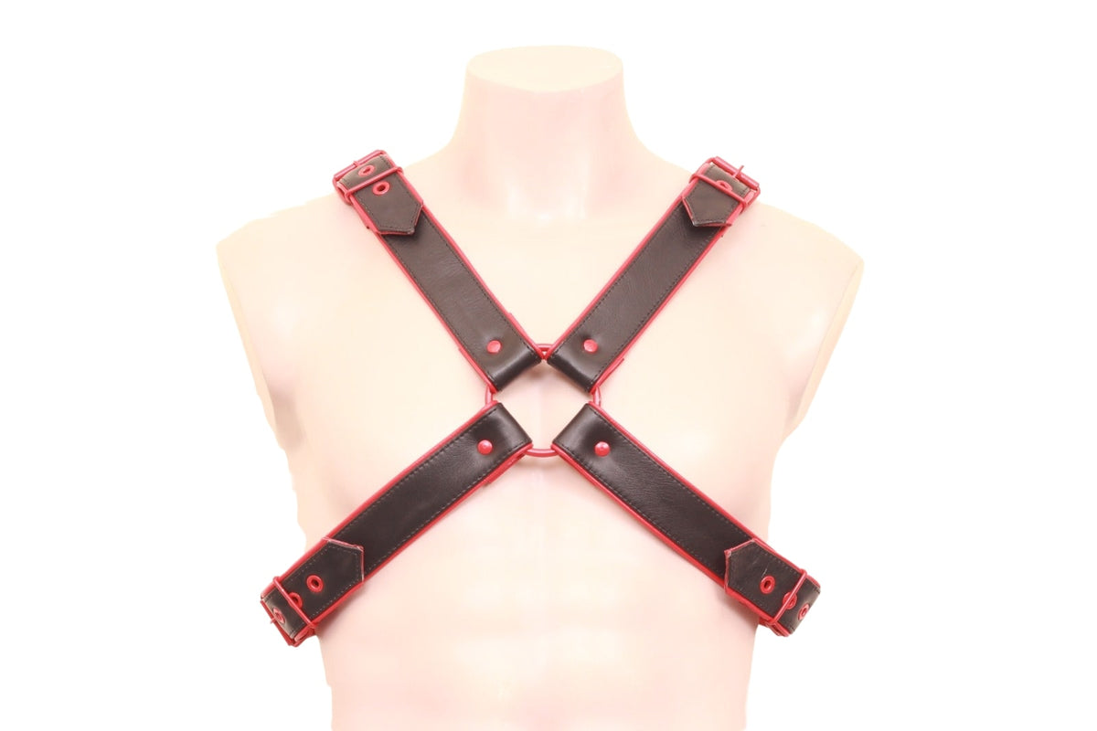 leather x harness styled with red studs and buckles