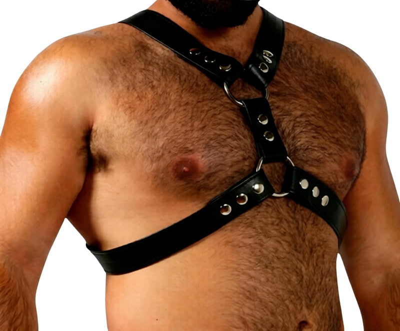 model waering Gay Bear Leather Harness - front image