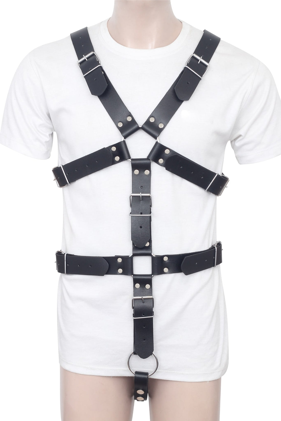 Crossbow leather bondage harness with cock ring