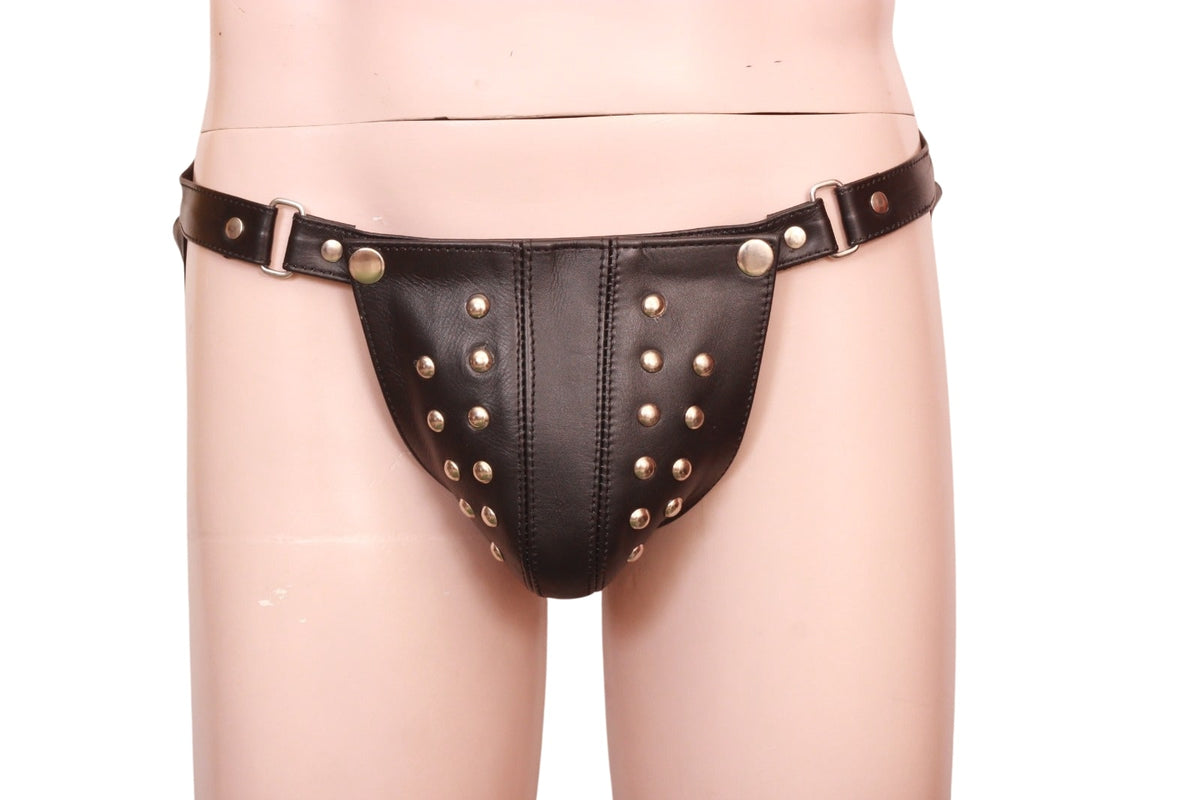 men's genuine leather thong, black leather thong for men with studded codpiece and metal hip rings, front view