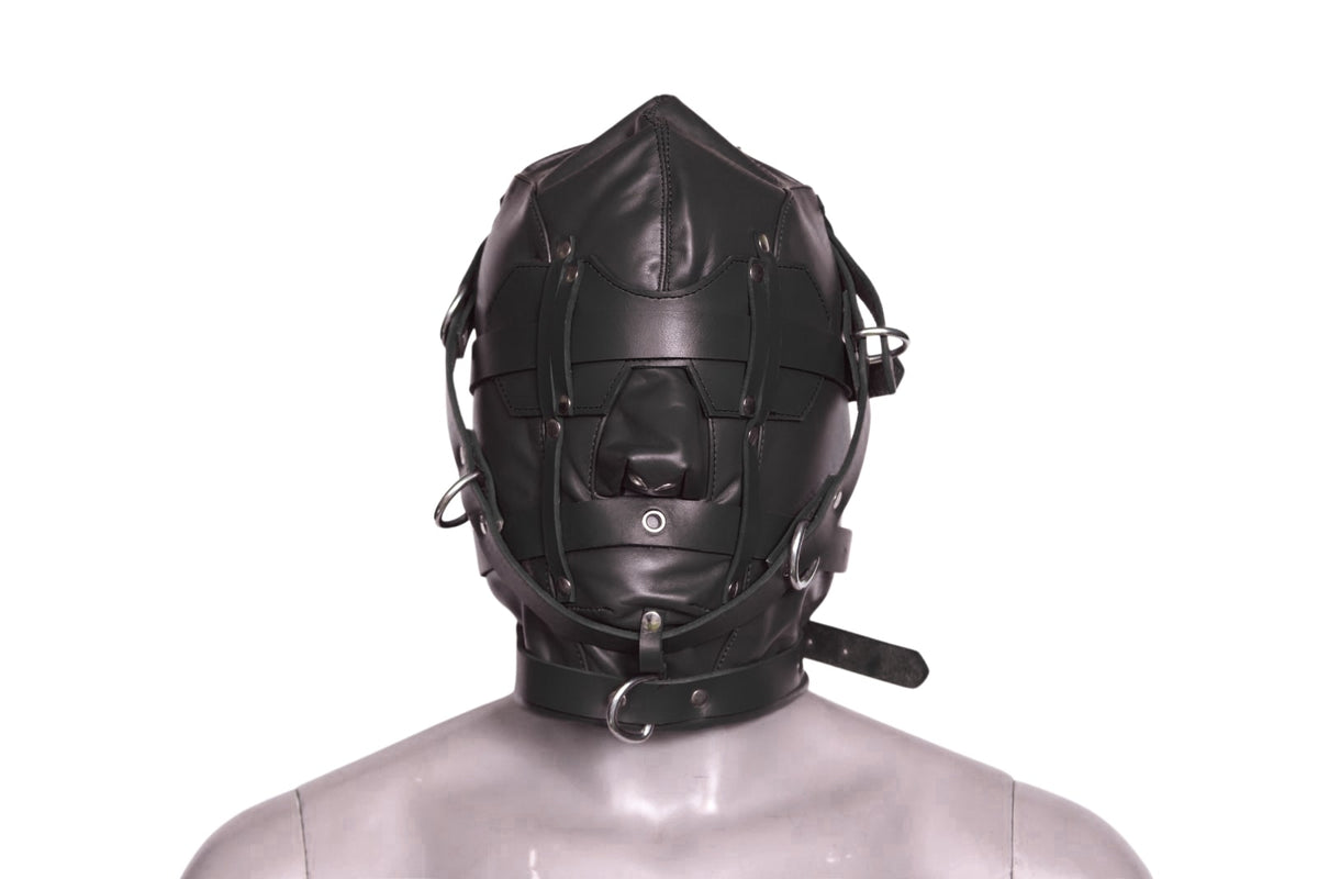 Triple Straps Leather Bondage Hood