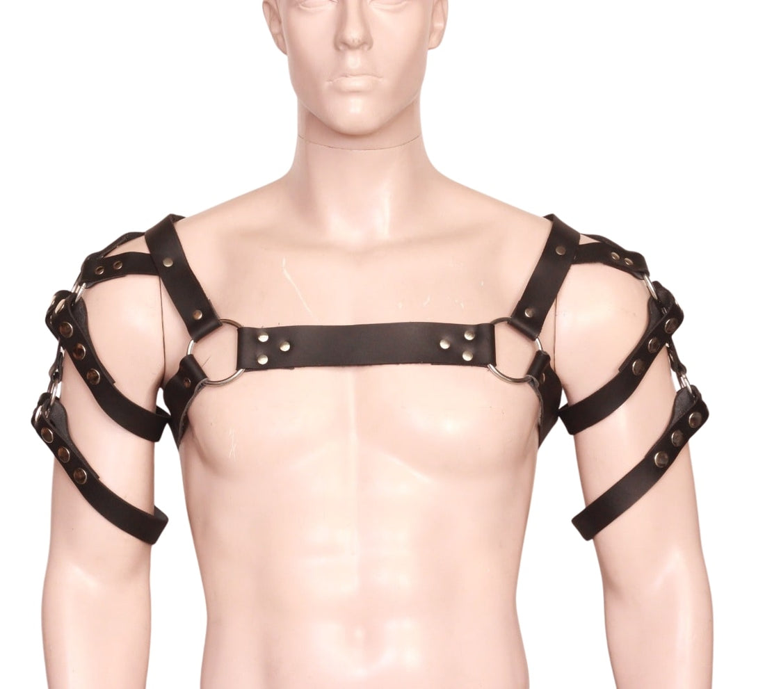 Front view image of model wearing Men's Leather Shoulder Harness 