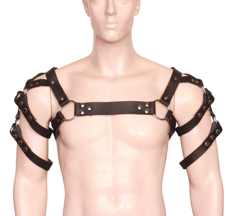 Front view image of model wearing Men's Leather Shoulder Harness 