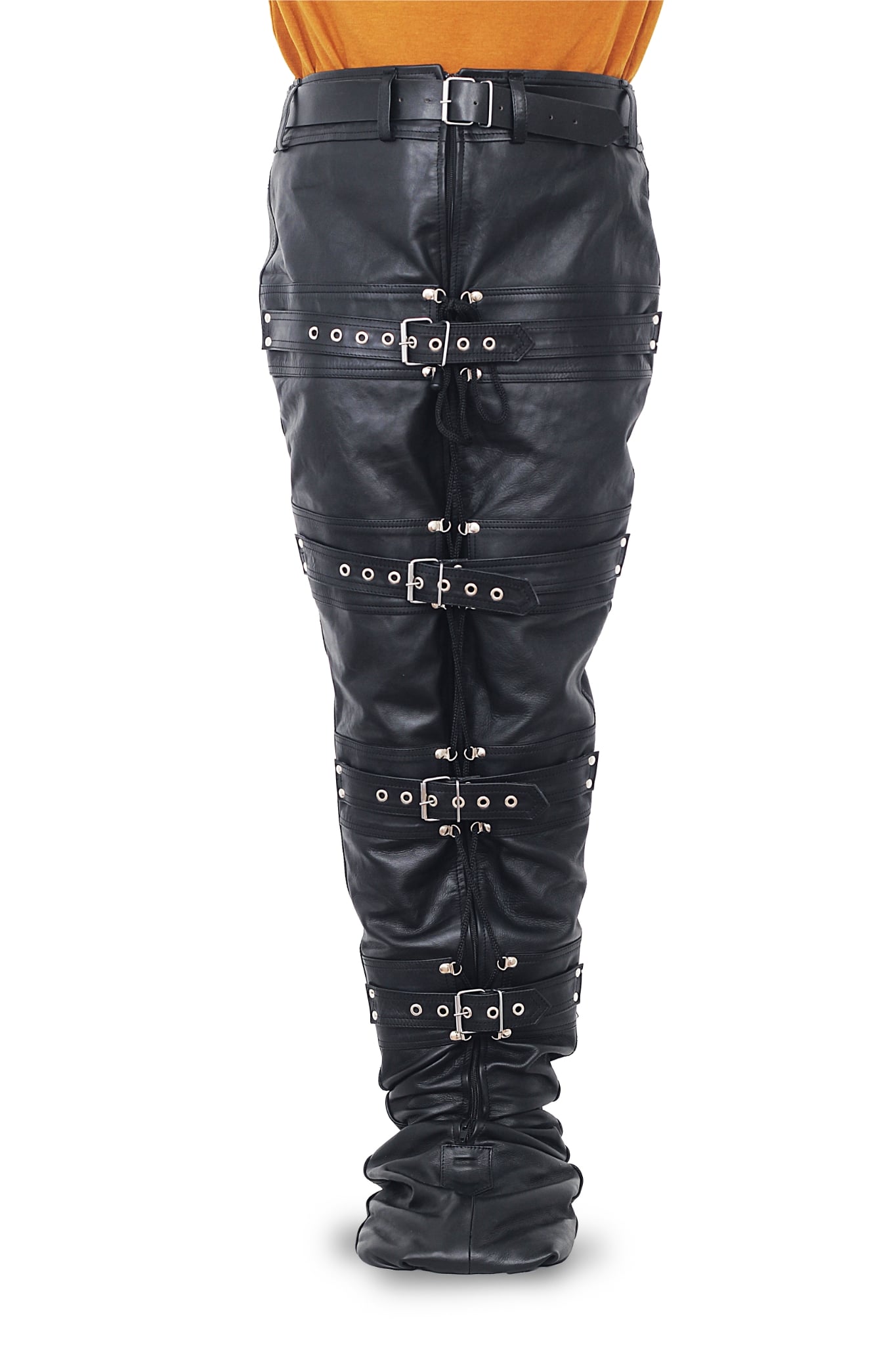 leather leg binders, leather restraints, black leather restraints belts