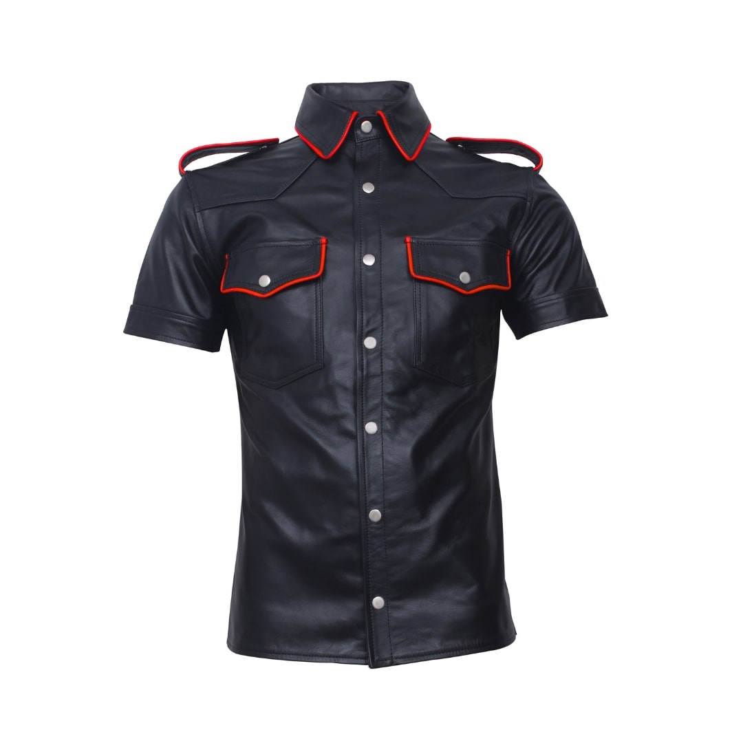 Genuine Leather Mens Black Short Sleeve Shirt