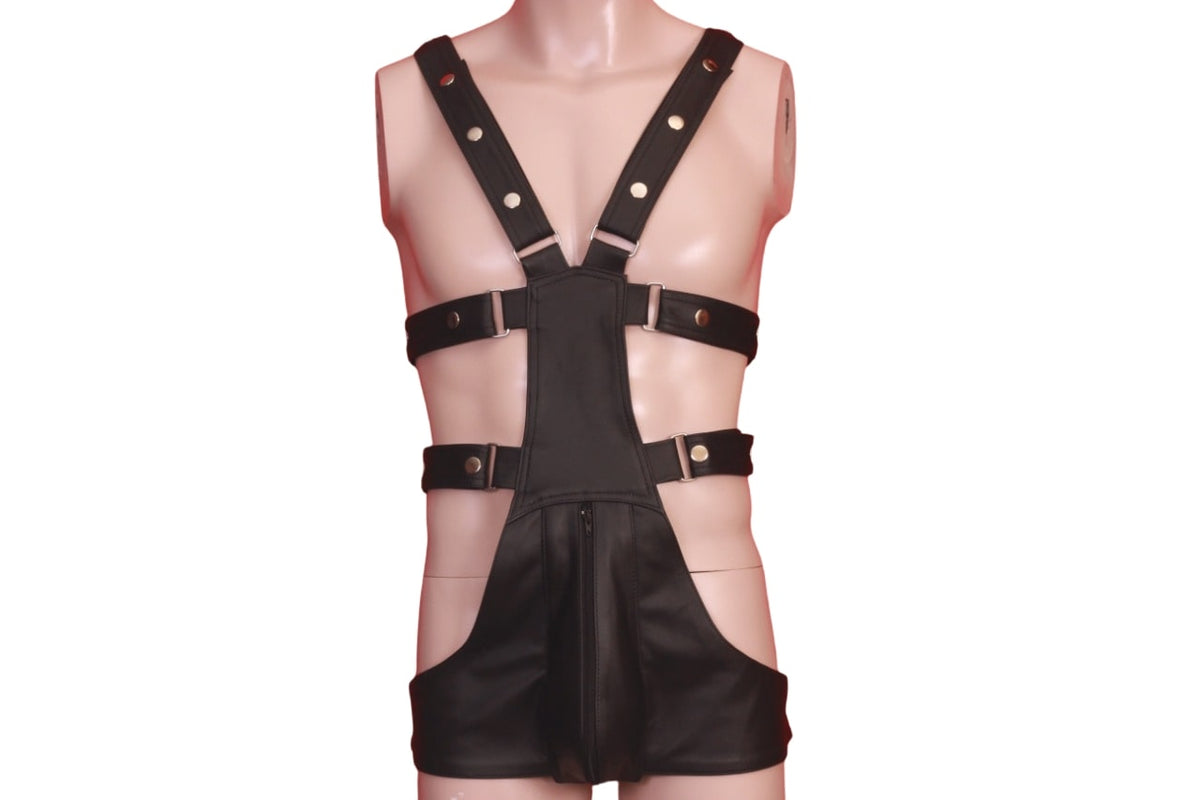 Mens Leather Harness Bodysuit Styled With Front Zipper