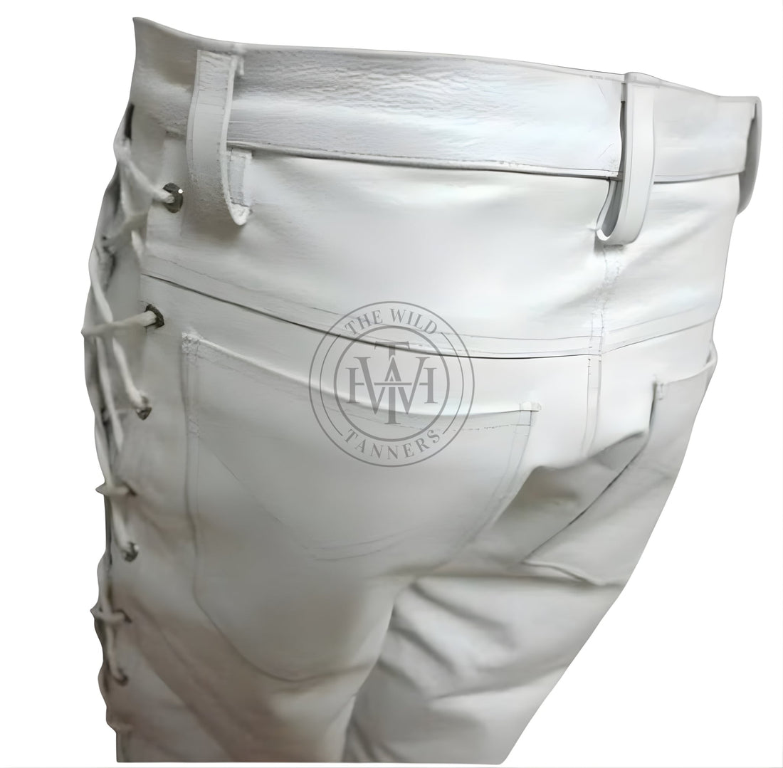 Men's White Side Lace-up Leather Pants