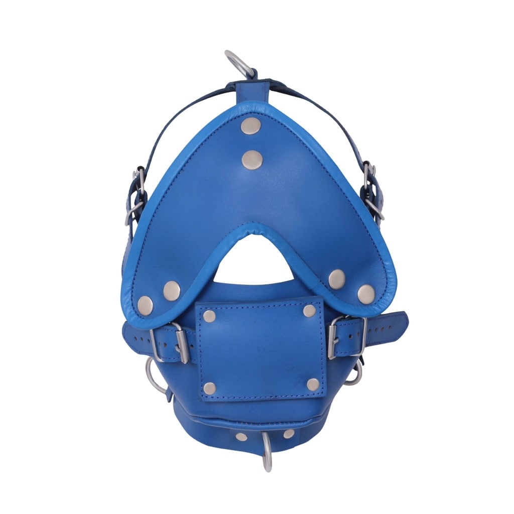 Front view of model wearing Bondage Muzzle With Blindfold & Mouth Gag