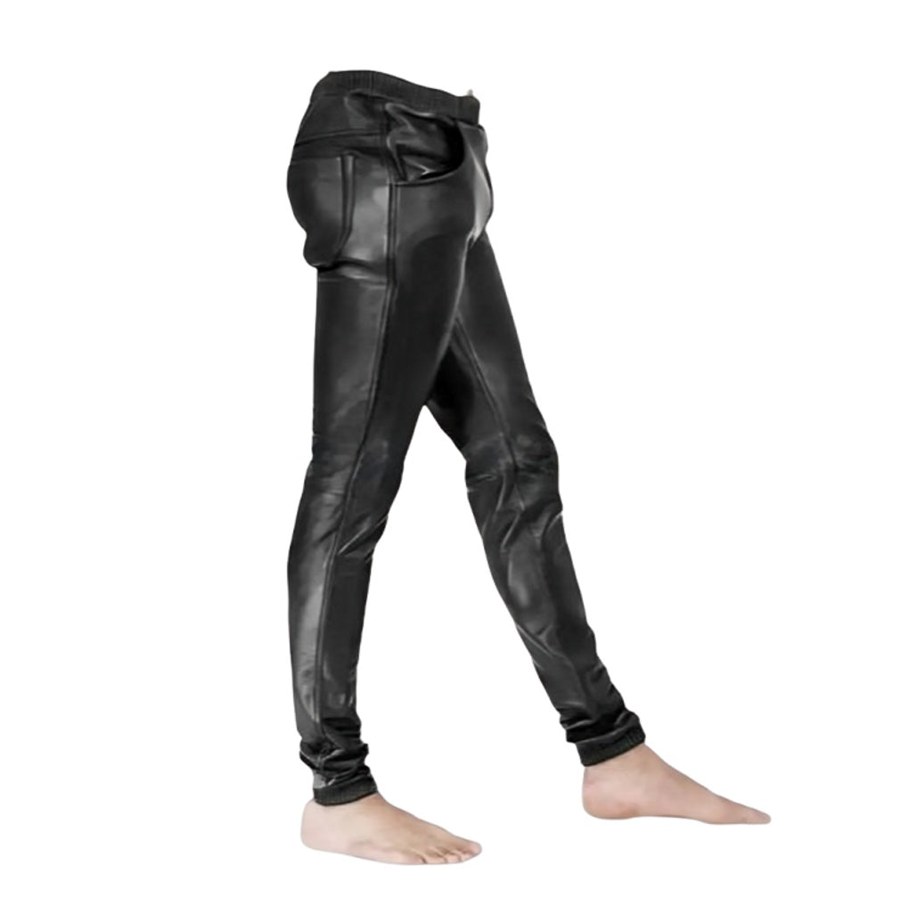 Genuine Black Leather Pants with Elastic Waist & Hem