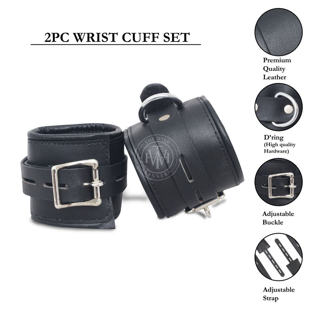 Premium Black Leather Bondage Handcuffs Set, view 10