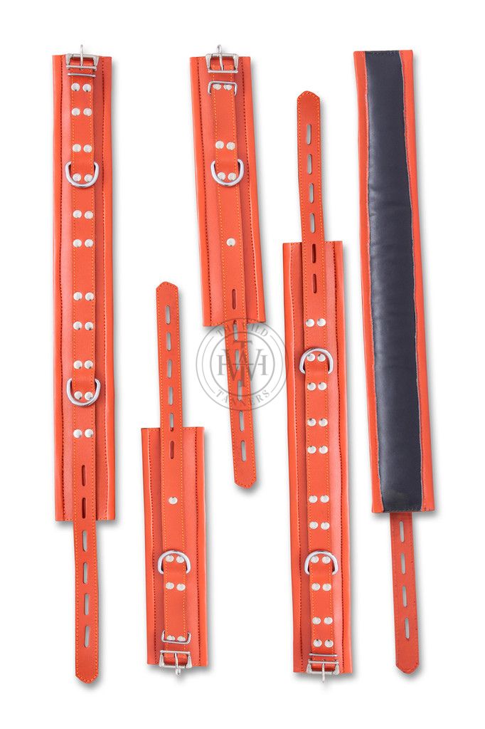 7 Pcs Orange Leather Bondage Handcuffs Set Unisex, view 6