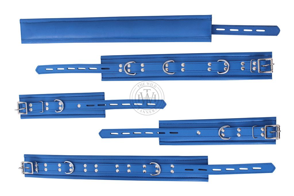 7 pcs blue leather bondage handcuffs set unisex, blue leather bondage cuffs, bondage cuffs set, unisex handcuffs set