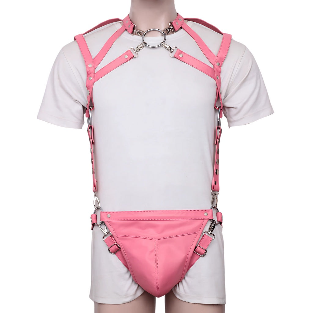 pink leather harness, BDSM chest harness, adjustable men’s harness, leather O-ring harness
