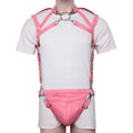 pink leather harness, BDSM chest harness, adjustable men’s harness, leather O-ring harness