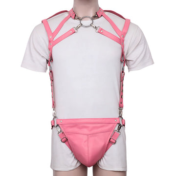 pink leather harness, BDSM chest harness, adjustable men’s harness, leather O-ring harness