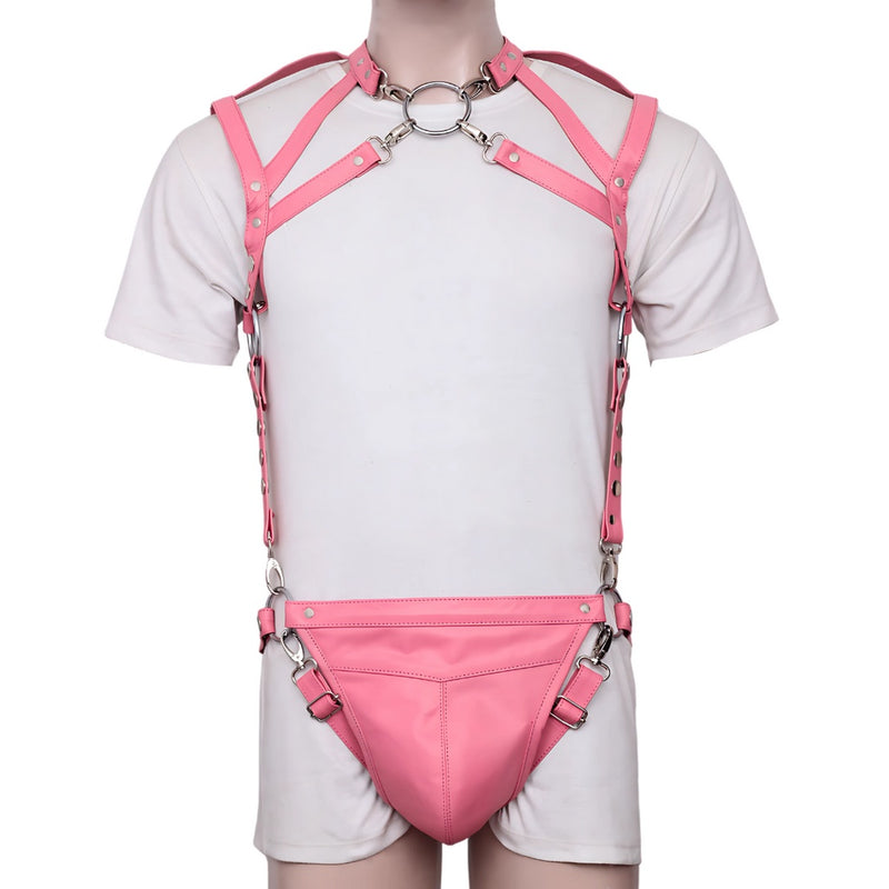 pink leather harness, BDSM chest harness, adjustable men’s harness, leather O-ring harness
