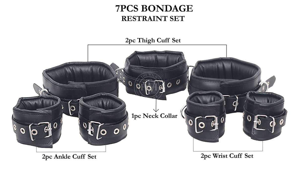 Unisex 7 Pcs Set Genuine Leather Bondage Handcuffs, view 12