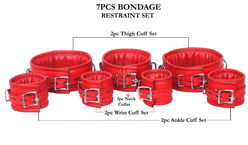 7 Pcs Red Leather Bondage Handcuffs Set Unisex, view 11