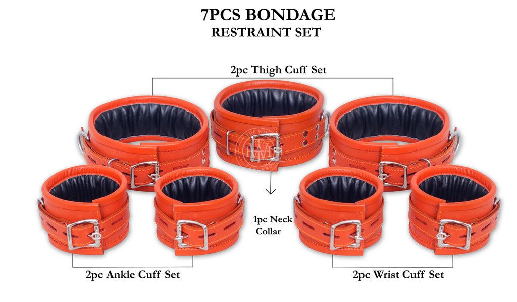 7 Pcs Orange Leather Bondage Handcuffs Set Unisex, view 7