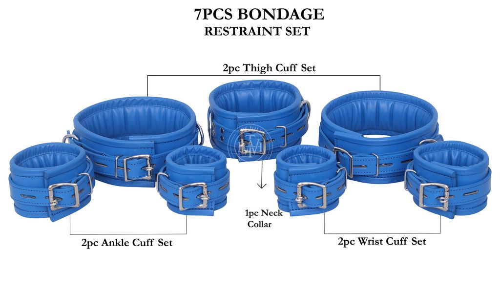 7 pcs blue leather bondage handcuffs set unisex, blue leather bondage cuffs, bondage cuffs set, unisex handcuffs set