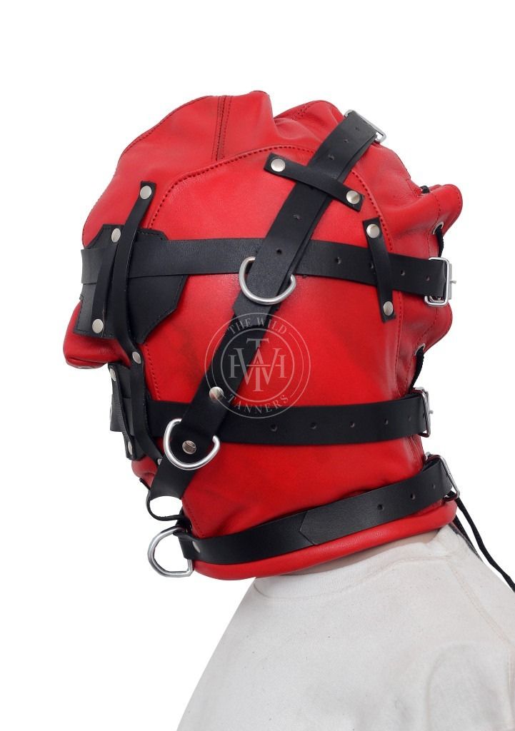 leather bondage hood, BDSM hood, padded leather hood, adjustable leather restraint