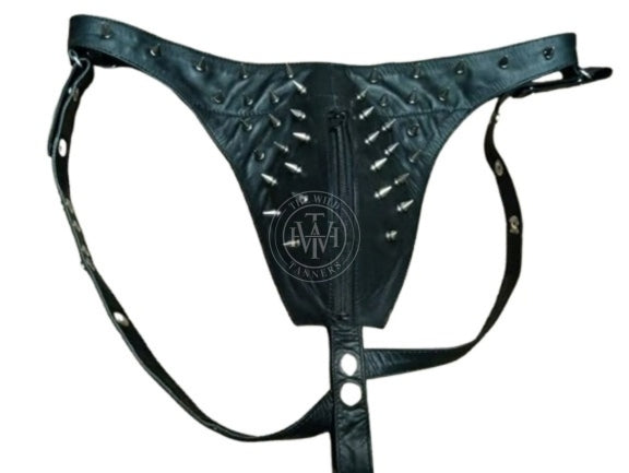 cone spiked mens leather jockstrap, black leather jockstrap with cone spikes, center zipper and snap-button thigh straps, flat view