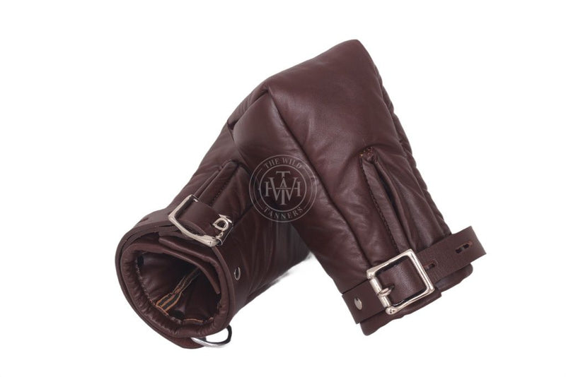 brown padded mittens, leather bondage gloves, BDSM mittens