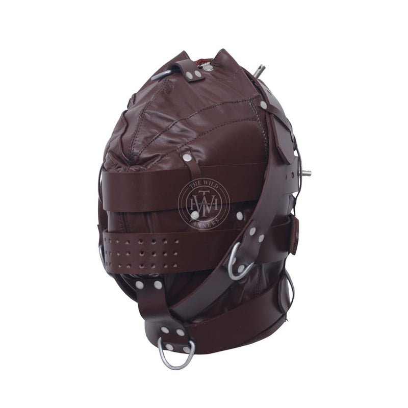 brown leather hood, adjustable leather mask, BDSM hood mask, bondage head hood, leather restraint hood