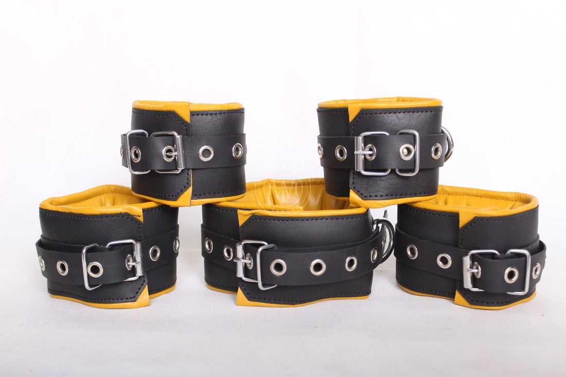 leather bondage handcuffs, BDSM cuffs set, padded leather cuffs, adjustable restraints