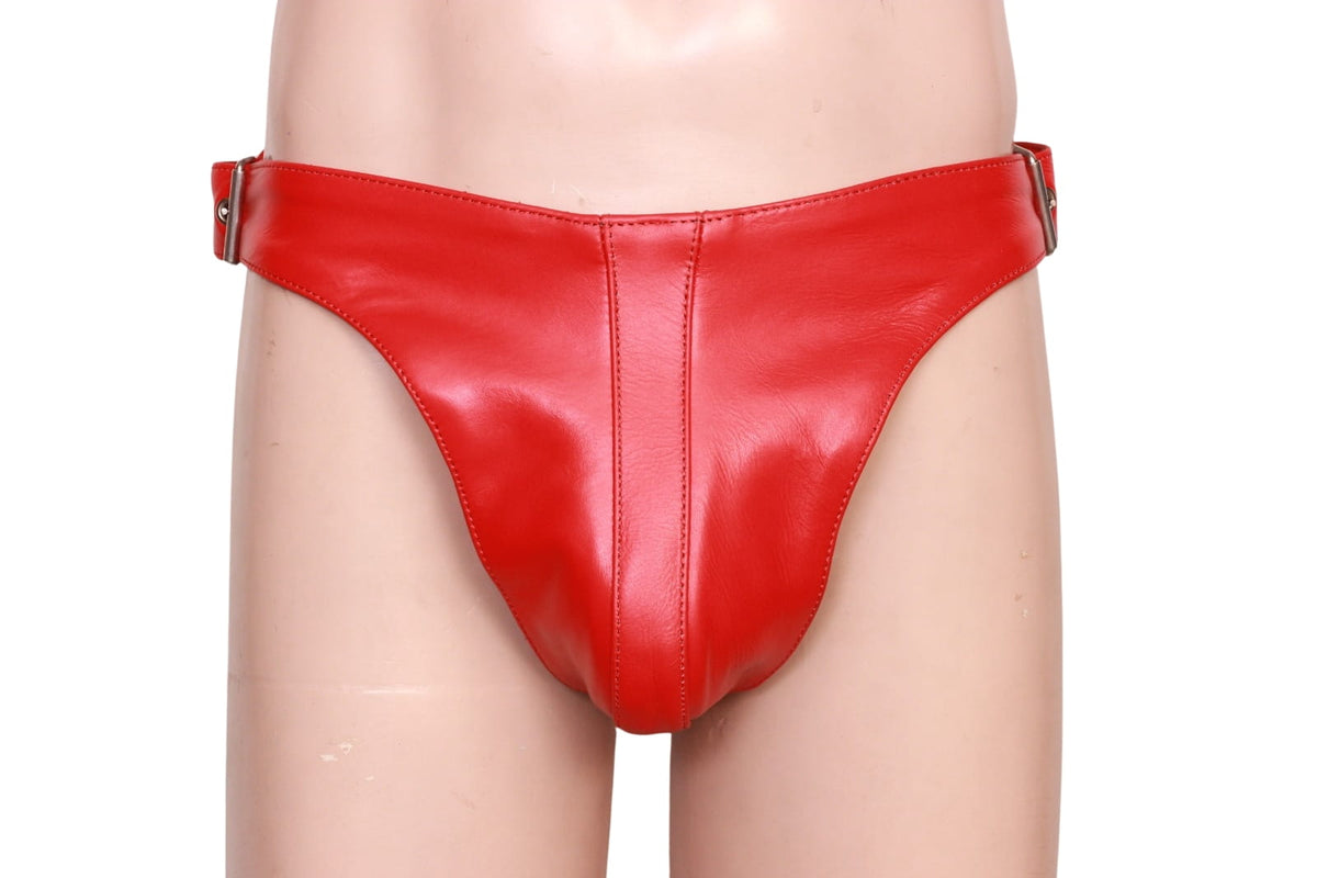 premium red gay leather jockstrap, red gay leather jockstrap with seamed front pouch and buckle waist strap, front view
