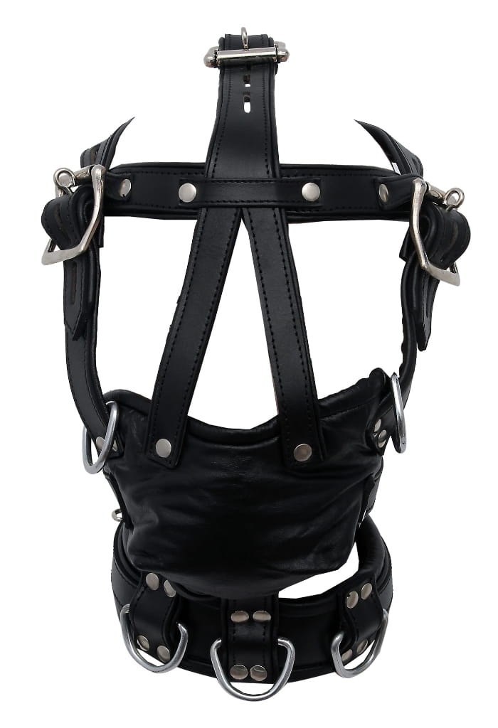 leather harness muzzle, full head restraint gag, BDSM hood gag, leather muzzle harness, bondage headgear restraint