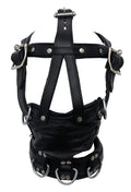 leather harness muzzle, full head restraint gag, BDSM hood gag, leather muzzle harness, bondage headgear restraint